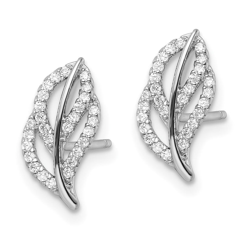 Sterling Silver Rhodium-Plated Polished Cz Leaf Post Earrings