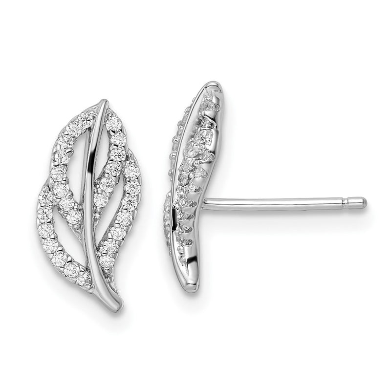 Sterling Silver Rhodium-Plated Polished Cz Leaf Post Earrings