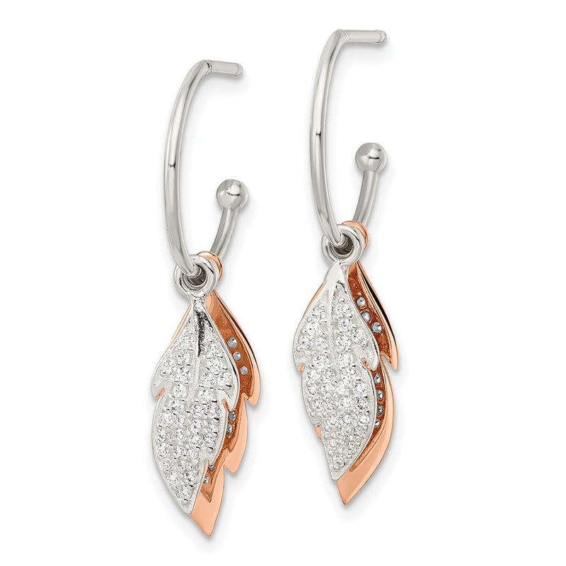 Sterling Silver Rose-Tone Leaves Cz Hoop Post Earrings