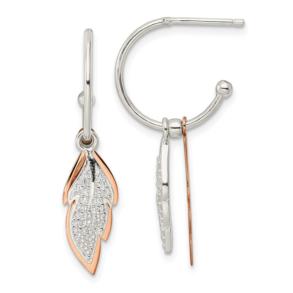 Sterling Silver Rose-Tone Leaves Cz Hoop Post Earrings