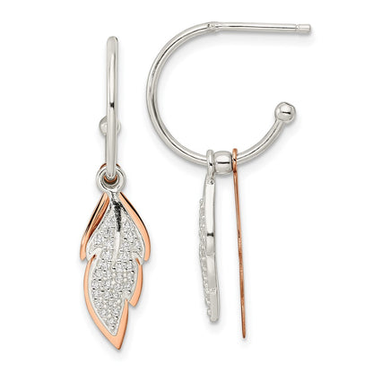 Sterling Silver Rose-Tone Leaves Cz Hoop Post Earrings