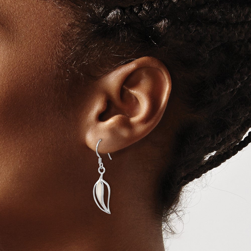 Sterling Silver Rhodium-Plated Polished Mop Leaf Shepherds Hook Earrings