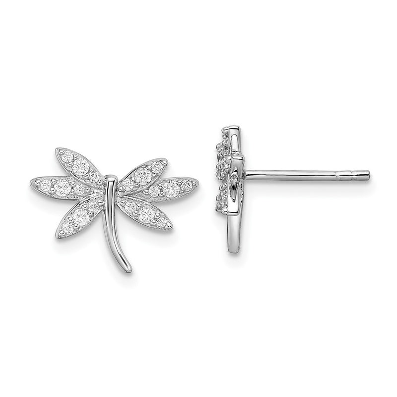 Sterling Silver Rhodium-Plated Cz Dragonfly Post Earrings