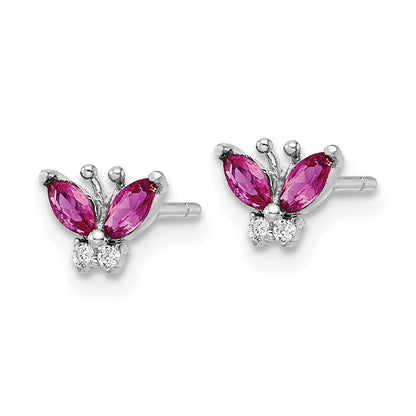 Sterling Silver Rhodium-Plated Red & White Cz Butterfly Post Earrings