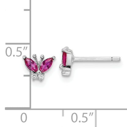 Sterling Silver Rhodium-Plated Red & White Cz Butterfly Post Earrings