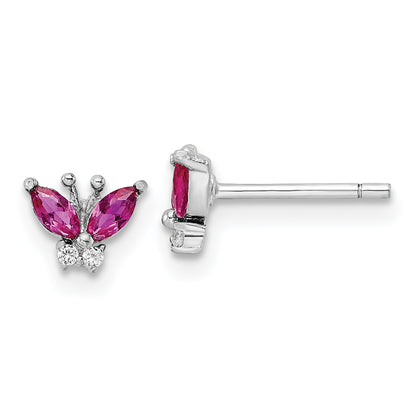 Sterling Silver Rhodium-Plated Red & White Cz Butterfly Post Earrings
