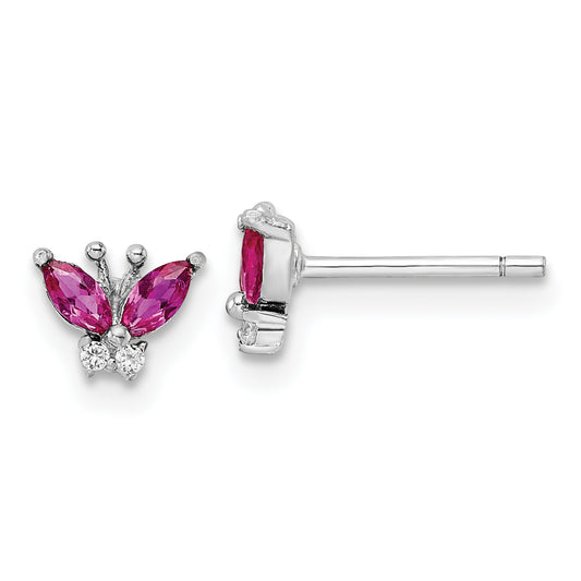 Sterling Silver Rhodium-Plated Red & White Cz Butterfly Post Earrings