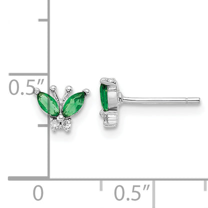Sterling Silver Rhodium-Plated Green & White Cz Butterfly Post Earrings