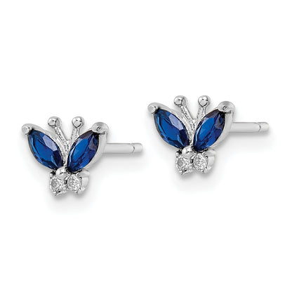 Sterling Silver Rhodium-Plated Blue & White Cz Butterfly Post Earrings