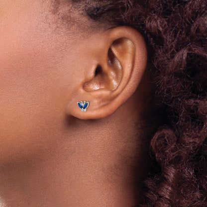 Sterling Silver Rhodium-Plated Blue & White Cz Butterfly Post Earrings