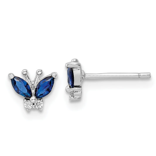 Sterling Silver Rhodium-Plated Blue & White Cz Butterfly Post Earrings