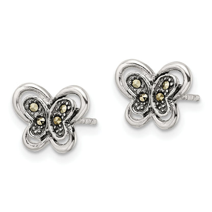 Sterling Silver Antiqued Marcasite Butterfly Post Earrings