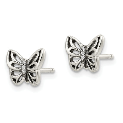 Sterling Silver Antiqued Cz Butterfly Post Earrings