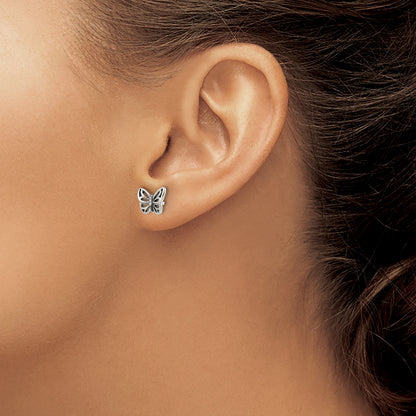 Sterling Silver Antiqued Cz Butterfly Post Earrings