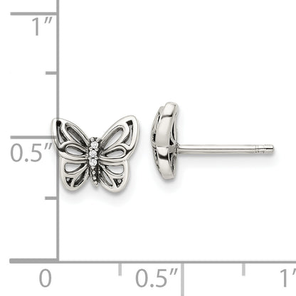 Sterling Silver Antiqued Cz Butterfly Post Earrings