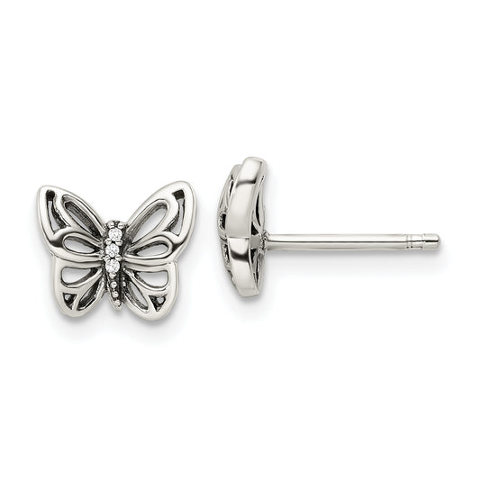 Sterling Silver Antiqued Cz Butterfly Post Earrings