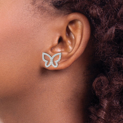 Sterling Silver Rhodium-Plated Polished Cz Open Butterfly Post Earrings