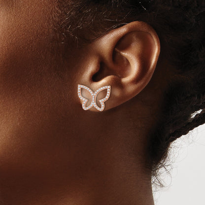 Sterling Silver Rose-Tone Cz Open Butterfly Post Earrings