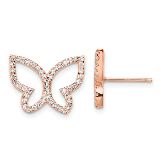 Sterling Silver Rose-Tone Cz Open Butterfly Post Earrings