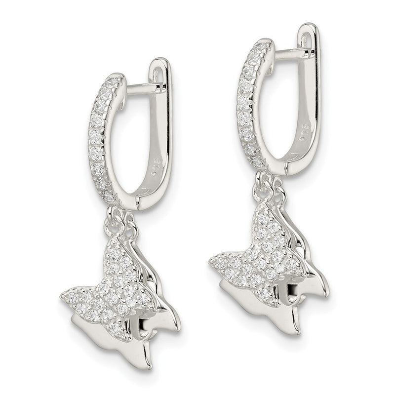 Sterling Silver Polished Cz Dangle Butterflies Hinged Post Earrings