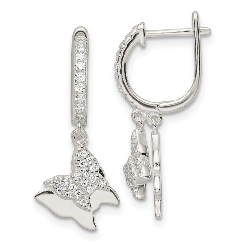 Sterling Silver Polished Cz Dangle Butterflies Hinged Post Earrings