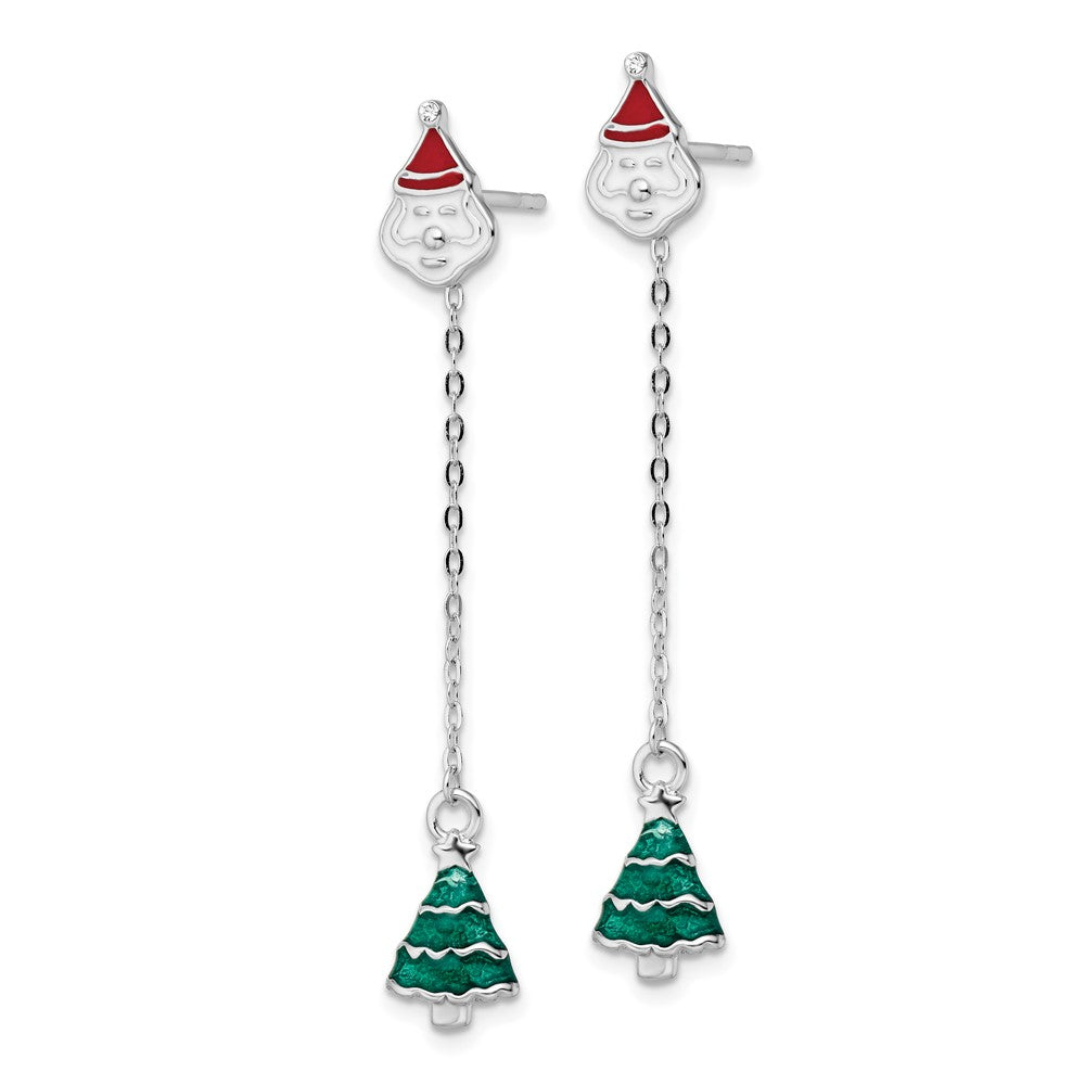 Sterling Silver Rh-Plated Enameled Crystal Santa/Tree Post Earrings