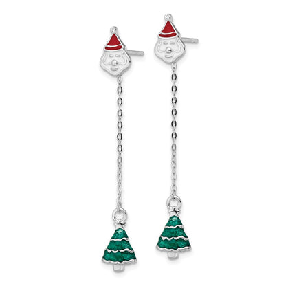 Sterling Silver Rh-Plated Enameled Crystal Santa/Tree Post Earrings