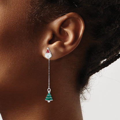 Sterling Silver Rh-Plated Enameled Crystal Santa/Tree Post Earrings