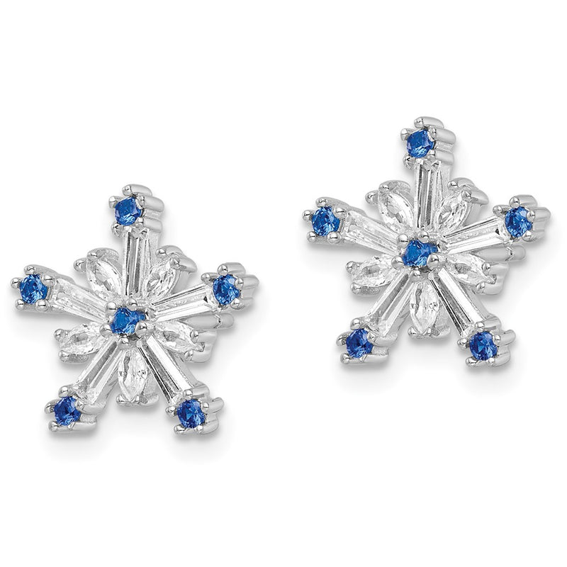Sterling Silver Rhodium-Plated Polished Blue & White Cz Snowflake Post Earr