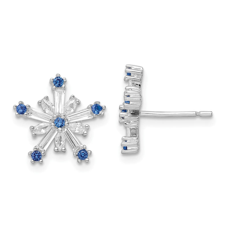 Sterling Silver Rhodium-Plated Polished Blue & White Cz Snowflake Post Earr