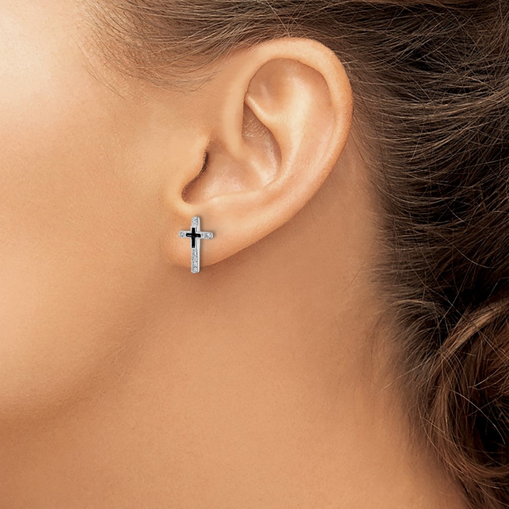Sterling Silver Rh-Plated Enamel Cz Cross Post Earrings