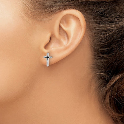 Sterling Silver Rh-Plated Enamel Cz Cross Post Earrings
