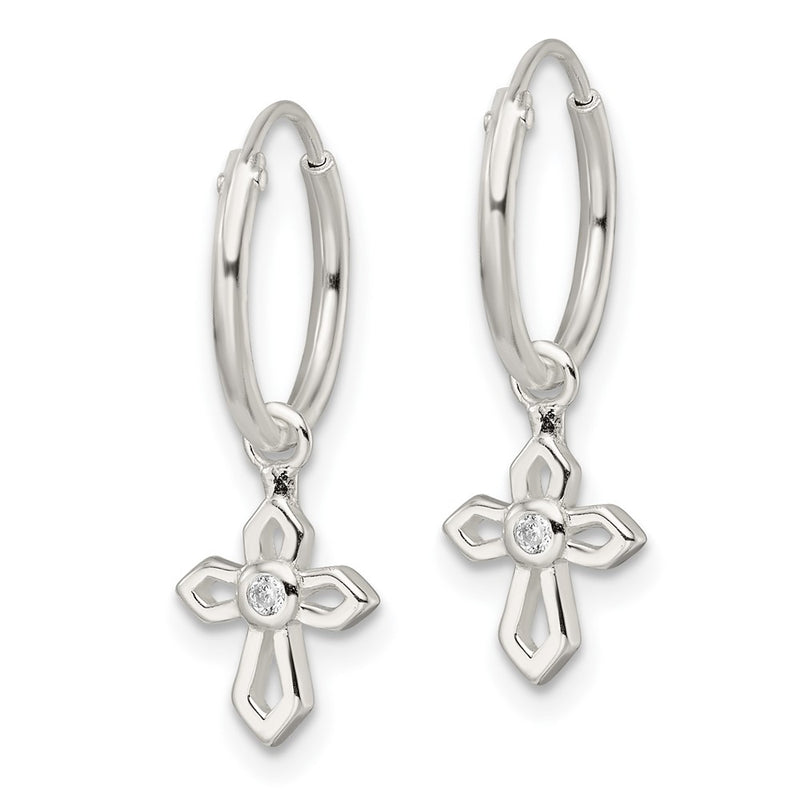 Sterling Silver Polished Cz Passion Cross Dangle Endless Hoop Earrings
