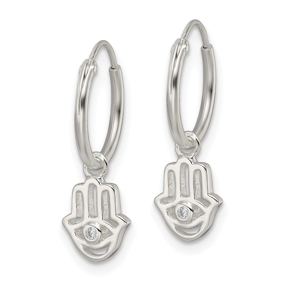 Sterling Silver Polished Cz Hamsa Dangle Endless Round Hoop Earrings