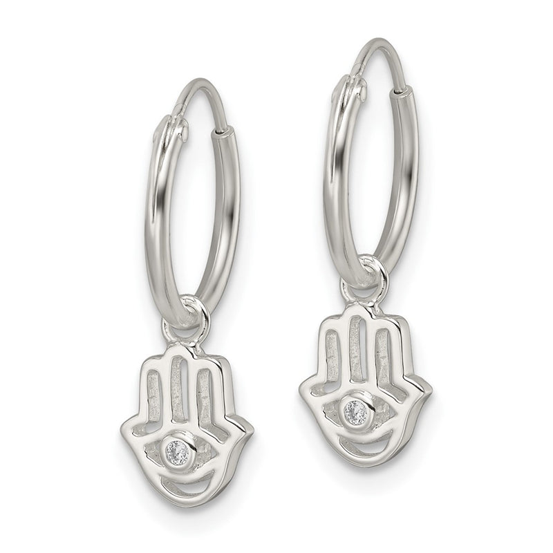 Sterling Silver Polished Cz Hamsa Dangle Endless Round Hoop Earrings