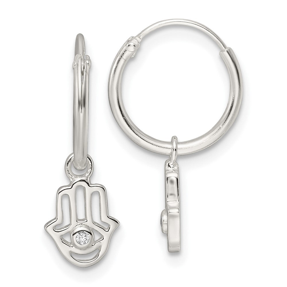 Sterling Silver Polished Cz Hamsa Dangle Endless Round Hoop Earrings