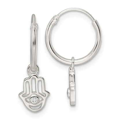 Sterling Silver Polished Cz Hamsa Dangle Endless Round Hoop Earrings