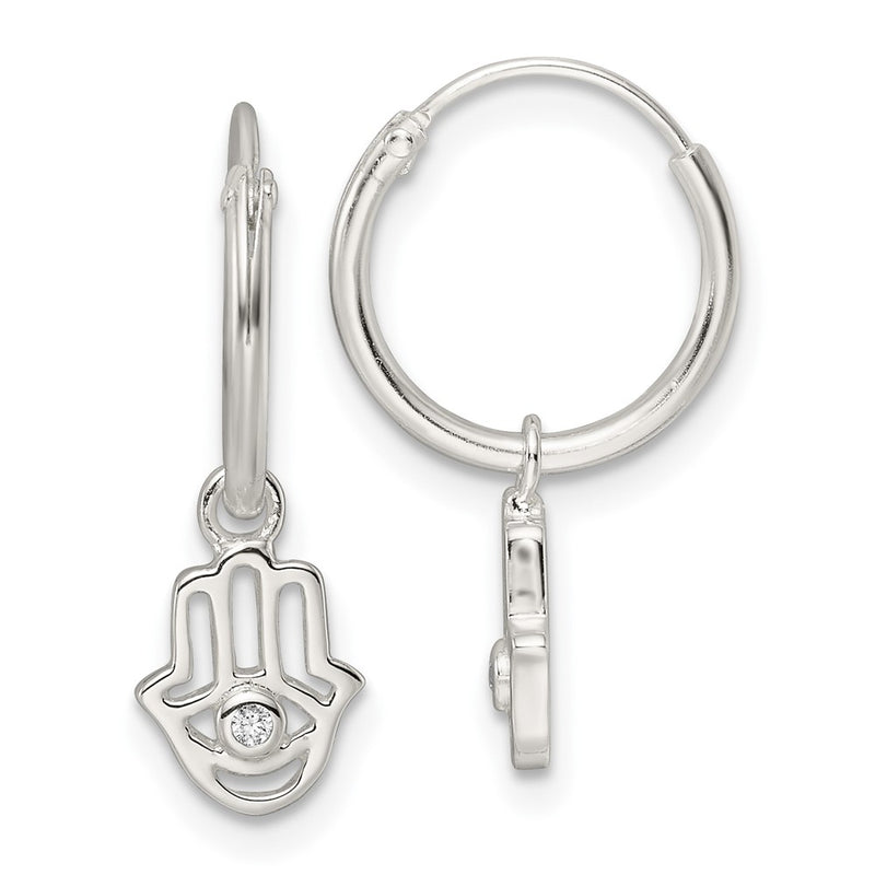 Sterling Silver Polished Cz Hamsa Dangle Endless Round Hoop Earrings