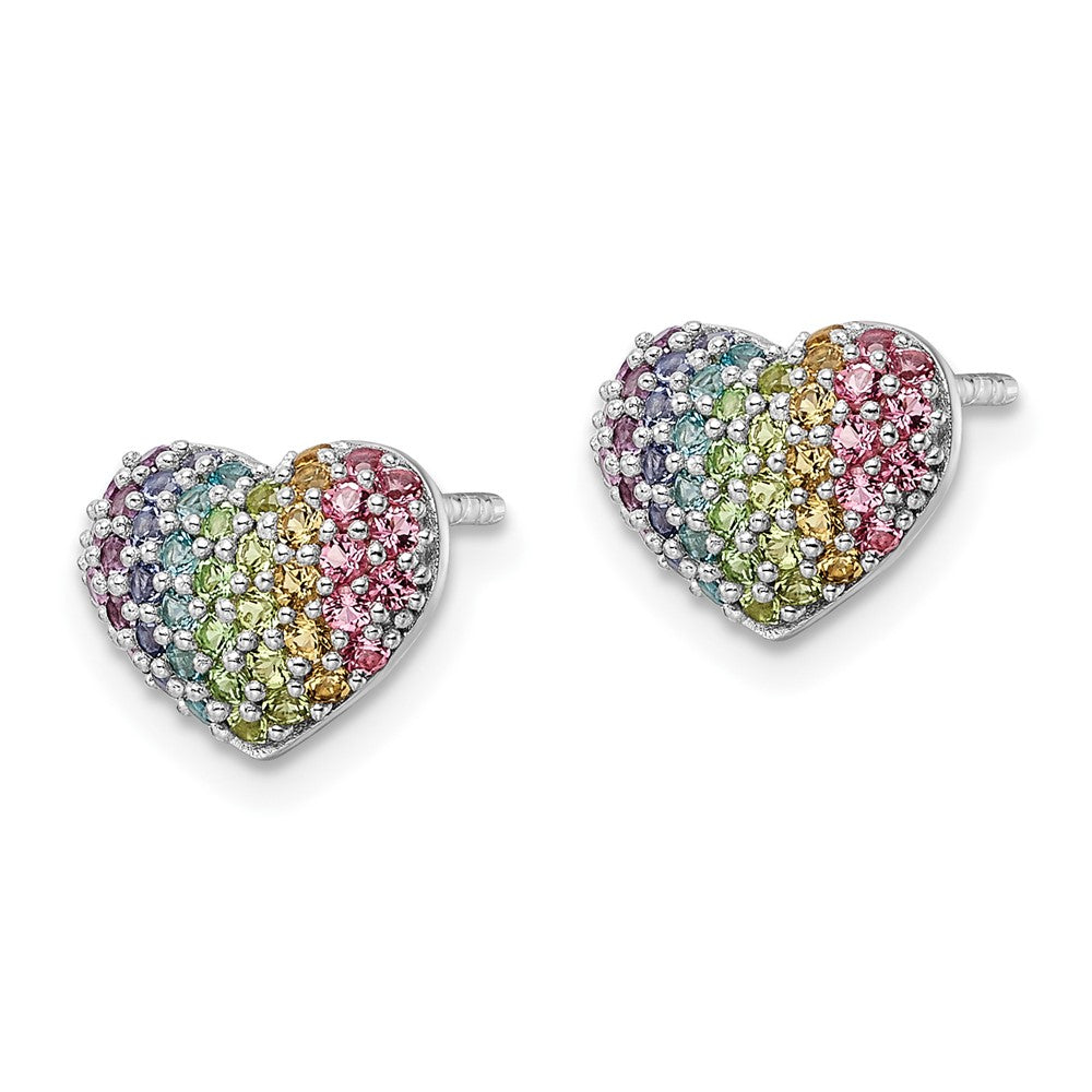 Sterling Silver Rhodium-Plated Rainbow Crystal Heart Post Earrings
