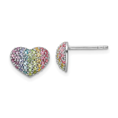 Sterling Silver Rhodium-Plated Rainbow Crystal Heart Post Earrings