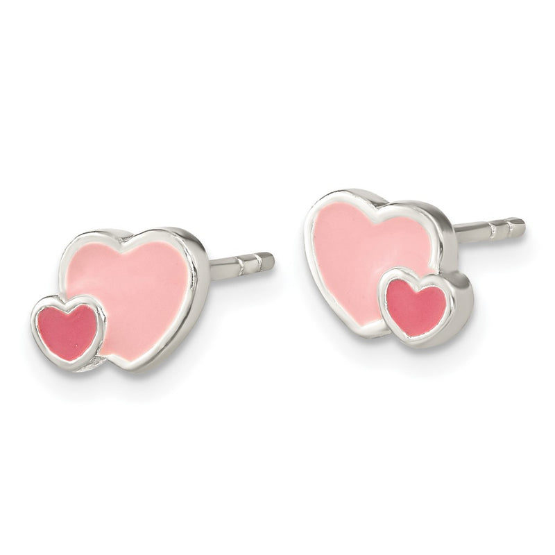 Sterling Silver Rhodium-Plated Pink Enamel Double Heart Post Earrings