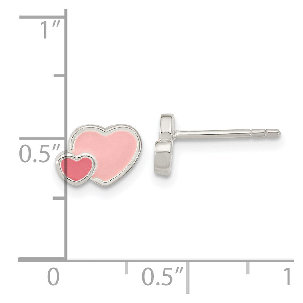 Sterling Silver Rhodium-Plated Pink Enamel Double Heart Post Earrings