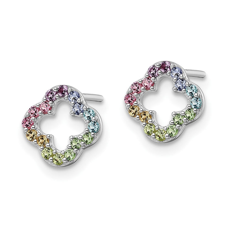 Sterling Silver Rhodium-Plated Rainbow Crystal Clover Post Earrings