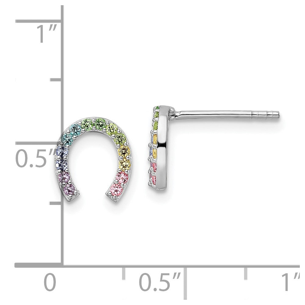 Sterling Silver Rh-Plated Rainbow Crystal Horseshoe Post Earrings