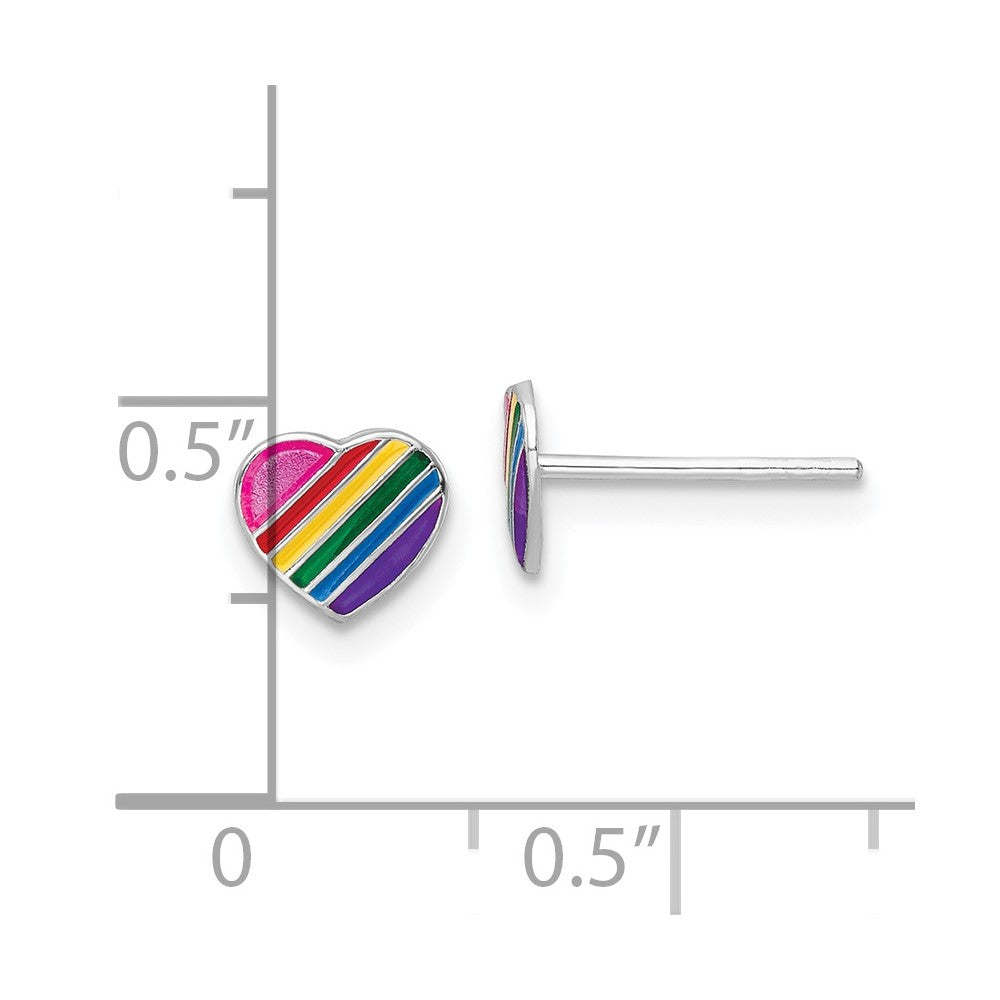 Sterling Silver Rhodium-Plated Polished Rainbow Enameled Heart Children'S Post Earrings