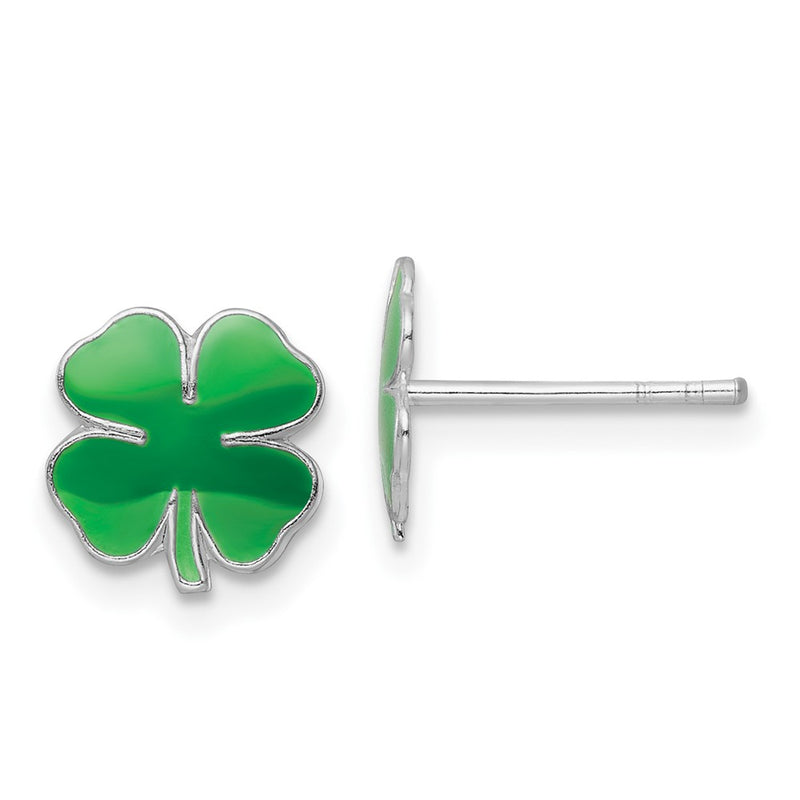 Sterling Silver Rhodium-Plated Polished & Green Enameled Four Leaf Clover Children'S Post Earrings