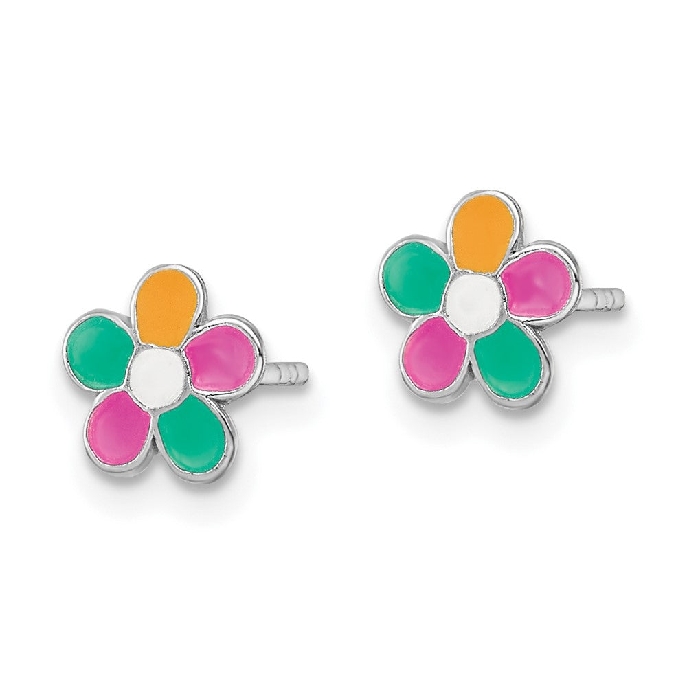 Sterling Silver Rhodium-Plated Multi-Color Enameled Flower Children'S Post Earrings