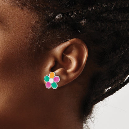 Sterling Silver Rhodium-Plated Multi-Color Enameled Flower Children'S Post Earrings