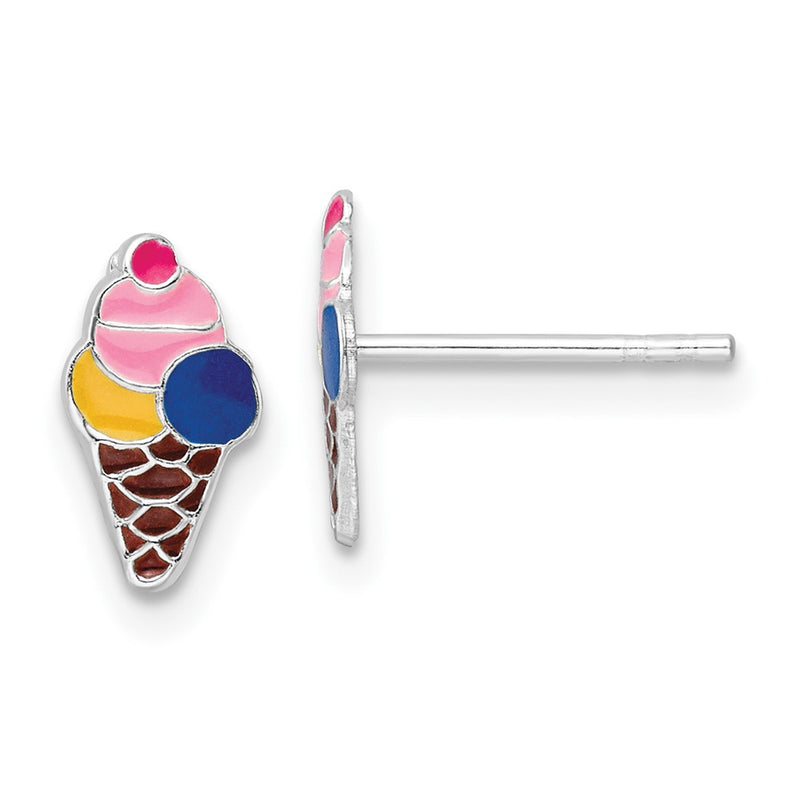 Sterling Silver Rhodium-Plated Polished & Multi-Color Enameled Ice Cream Cone Children'S Post Earrings