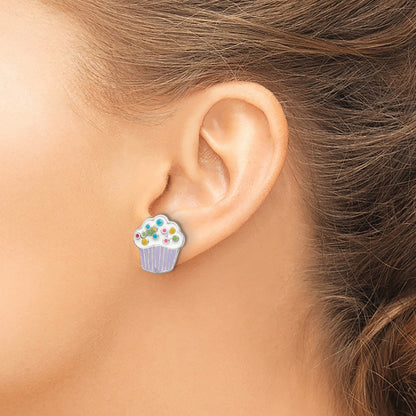 Sterling Silver Rhodium-Plated Polished Multi-Color Enameled Cupcake Children'S Post Earrings